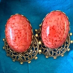 Vintage Coral Earrings with Gold Filigree